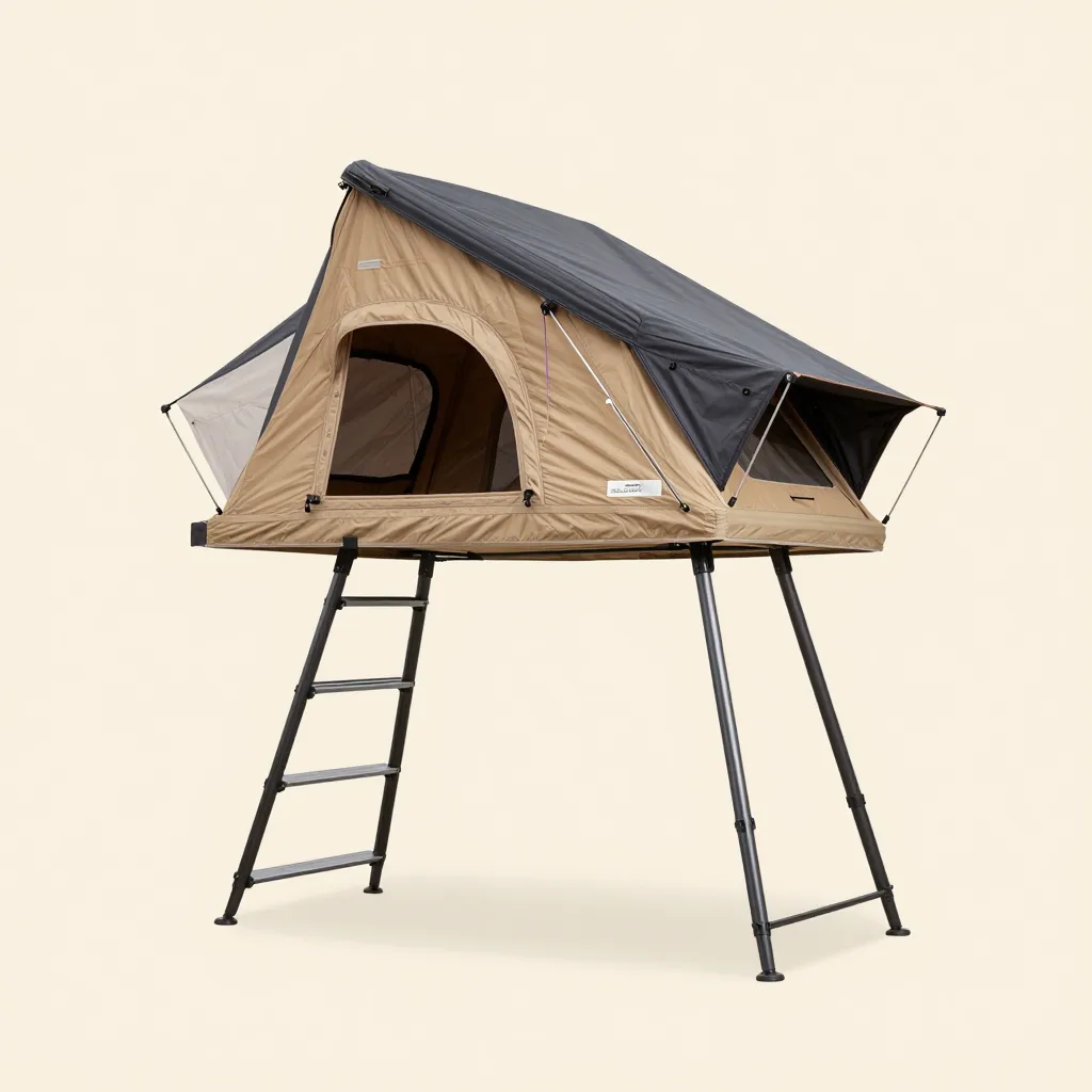 A compact hard-shell rooftop tent on a pale background