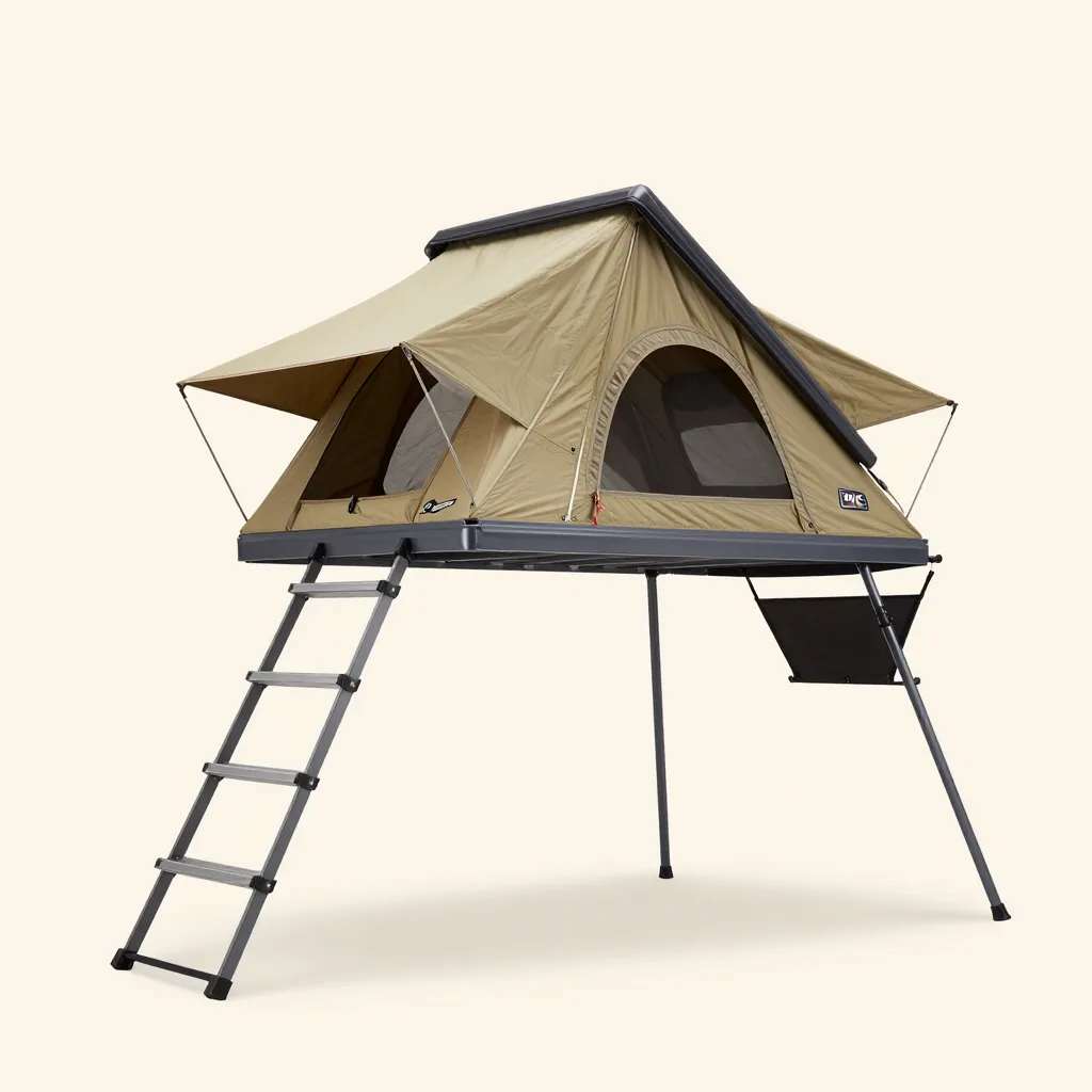 A double hard-shell rooftop tent on a pale background