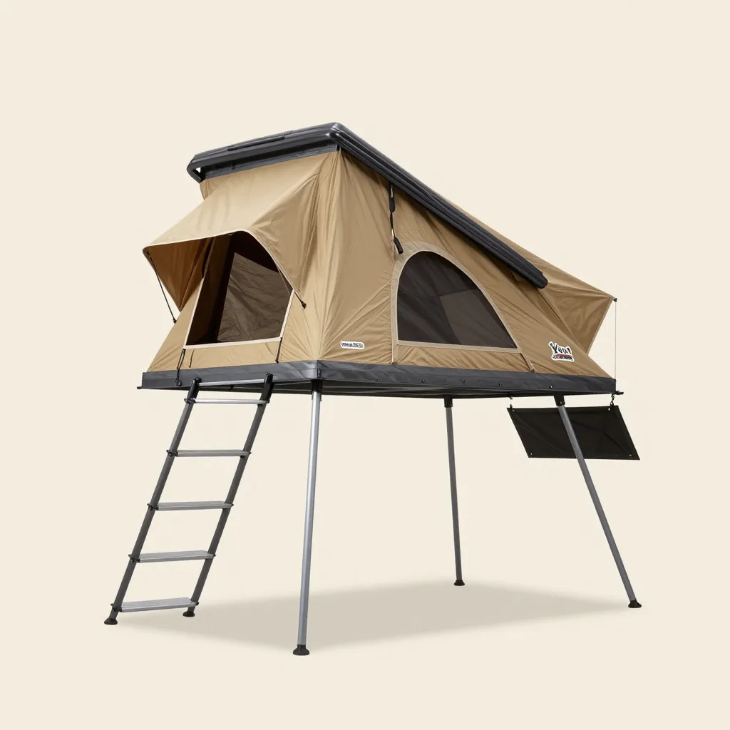 A solo hard-shell rooftop tent on a pale background