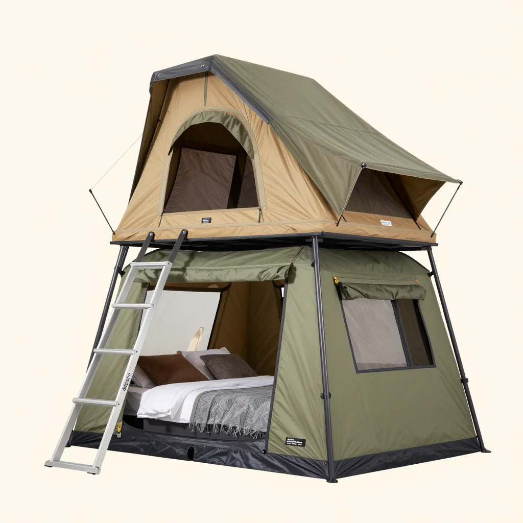 A ground annex room attached to a rooftop tent on a pale background