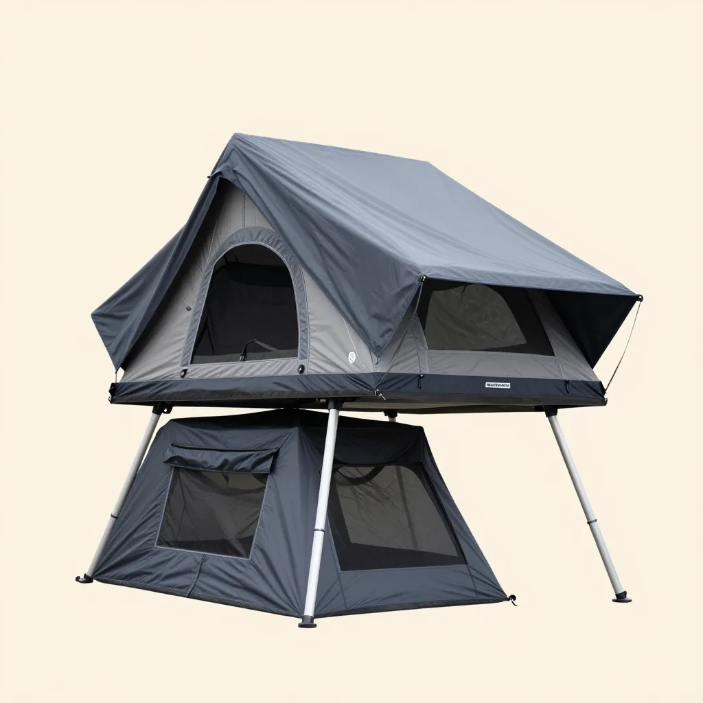 A fitted travel cover for a rooftop tent on a pale background