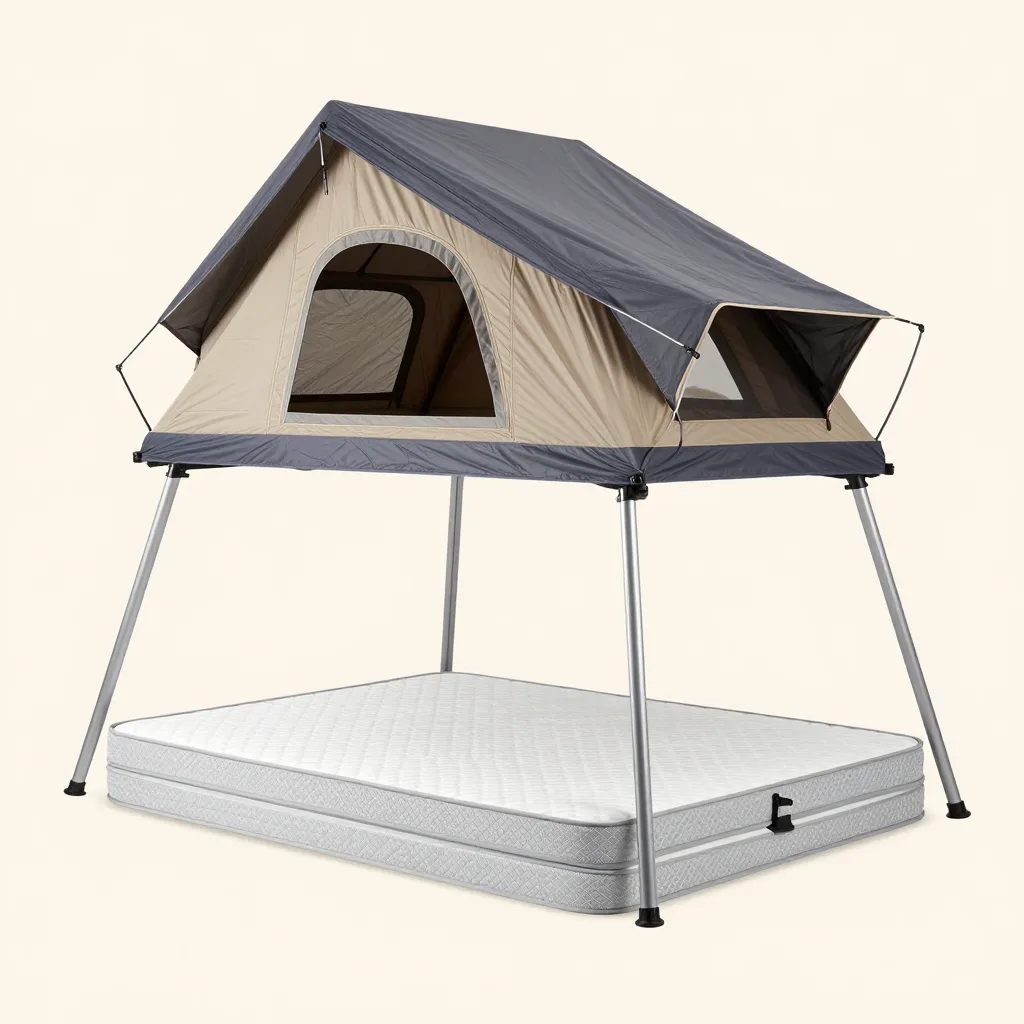 A folded foam mattress for a rooftop tent on a pale background