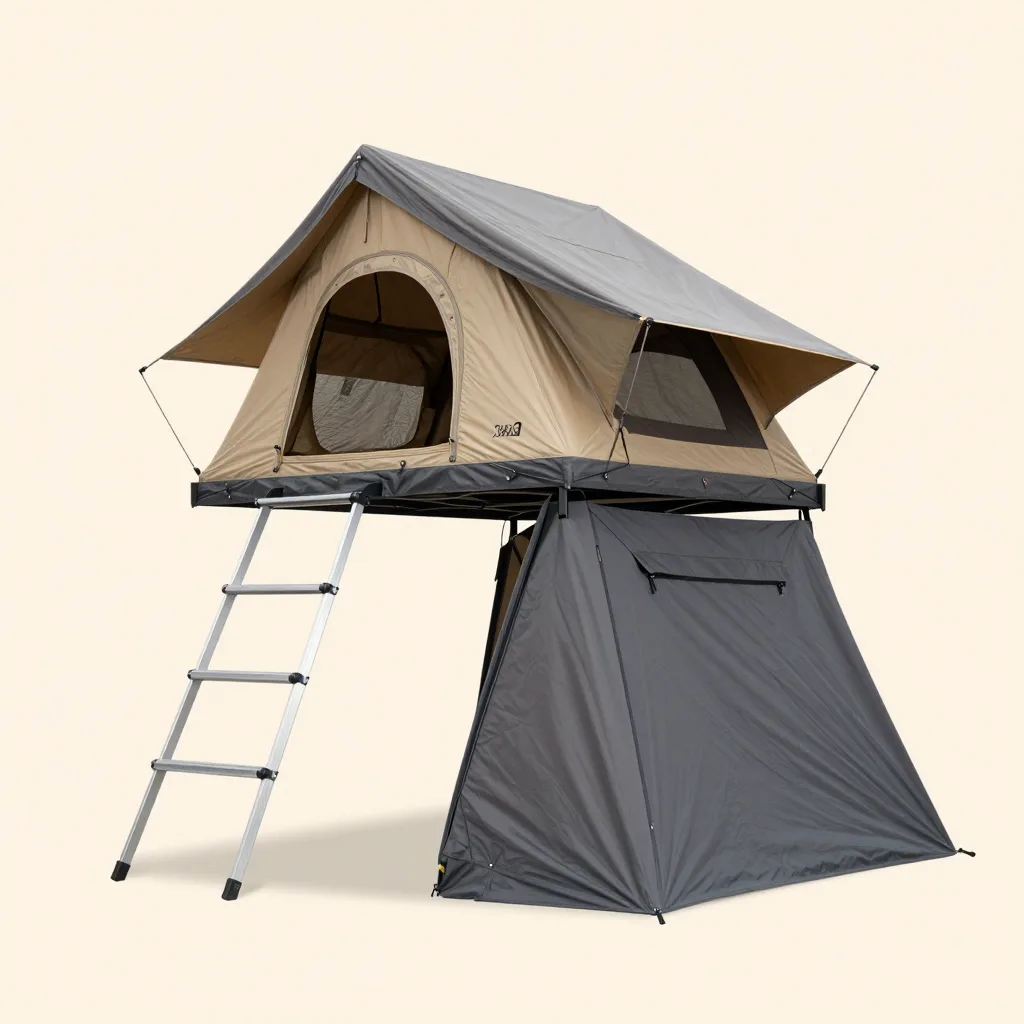A rooftop tent set with annex and cover on a pale background