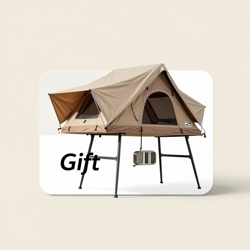 A rooftop tent gift card on a pale background