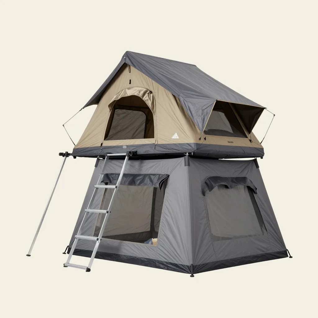 A wide family hard-shell rooftop tent on a pale background